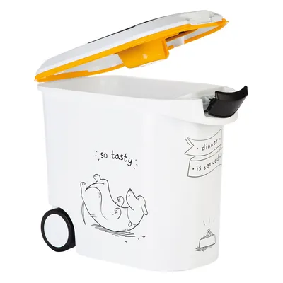 White food container with yellow lid, drawing of a dog and text 'so tasty' and 'dinner is served'. Container on wheels with black handle.