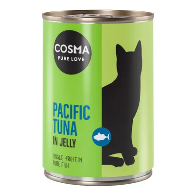 Boîte Cosma Pure Love, texte visible : Pacific Tuna in Jelly, Single Protein Pure Fish, silhouette de chat et icône poisson sur l’étiquette verte.