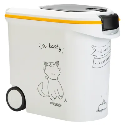 Futterbehälter mit gelbem Verschluss, Zeichnung einer Katze und Text 'so tasty' sowie 'dinner is served'.