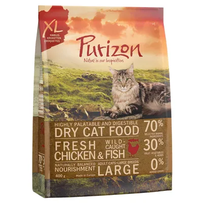 Purizon tørfoder til katte, XL kroketter, 70% animalske ingredienser, 30% frugt og grøntsager, frisk kylling og fisk, kornfri, til store katteracer, 400g, fremstillet i Europa.