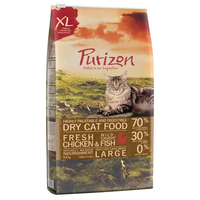 Purizon Dry Cat Food, XL kousky, 70 % živočišných složek, 30 % ovoce, zeleniny a bylin, čerstvé kuře a ryba, pro dospělé kočky velkých plemen, 6,5 kg