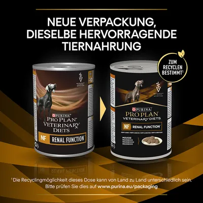 Purina Pro Plan Veterinary Diets NF Renal Function. Neue Verpackung, dieselbe hervorragende Tiernahrung. Zum Recyceln bestimmt. Recyclingmöglichkeiten auf www.purina.eu/packaging prüfen.