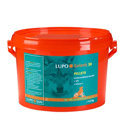 LUPO Gelenk 30 Pellets z ekstraktem z mięsa małży, OPC i witaminą C, 30% mięsa małży, e2,7 kg. Wspiera mobilność psa.