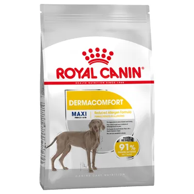 Royal Canin Dermacomfort Maxi, formula a ridotto contenuto di allergeni per cani da 26 a 44 kg. 91% soddisfazione dopo 2 mesi. Per cani con irritazioni cutanee e prurito.