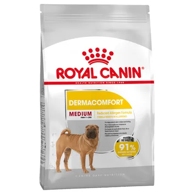 Royal Canin Dermacomfort Medium, Reduced Allergen Formula, för hundar 11–25 kg. 91 % ägare nöjda efter 2 månader. För känslig hud och klåda.