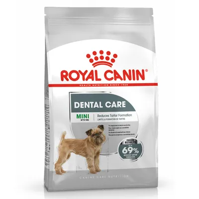 Royal Canin Dental Care Mini hasta 10 kg. Reduce la formación de sarro, resultados probados: hasta un 69% menos de sarro. Para perros con dientes sensibles.