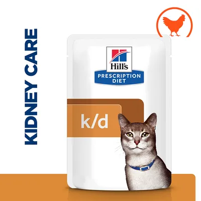 Kidney care food pouch labelled k/d, with a cat image and chicken symbol, Hill's Prescription Diet branding visible.