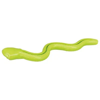 Giocattolo verde a forma di serpente in plastica con dettagli strutturati lungo il corpo.