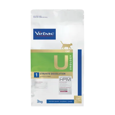 Sac Virbac Urology Cat 1 Struvite Dissolution, 3 kg, pour chat. Texte visible : Veterinary HPM, Veterinary Global Care, Cat All Sizes.