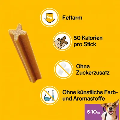 Fettarm, 50 Kalorien pro Stick, ohne Zuckerzusatz, ohne künstliche Farb- und Aromastoffe. Geeignet für Hunde mit einem Gewicht von 5-10 kg.