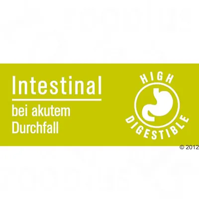 Intestinal bei akutem Durchfall, HIGH DIGESTIBLE – tekst w języku niemieckim na zielonym tle z ikoną żołądka. Informacja o wysokiej strawności i ostrym biegunce.
