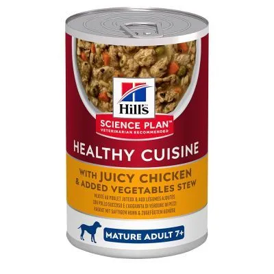 Konzerva Hill's Science Plan Healthy Cuisine, s textom: with juicy chicken & added vegetables stew, mature adult 7+, obrázok jedla a silueta psa na etikete.