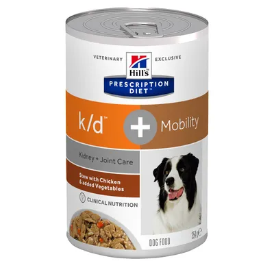 Konzerva Hill's Prescription Diet k/d + Mobility, Kidney + Joint Care, Stew with Chicken & added Vegetables, Clinical Nutrition, DOG FOOD, 354 g. Na obalu pes a porce krmiva.