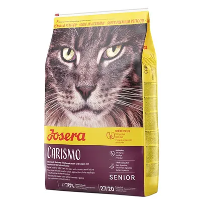 Josera Carismo Senior Katzenfutter, Made in Germany, Niere Plus für chronische Niereninsuffizienz, leicht verdaulich, Anti-Aging. Packung mit großem Katzenmotiv.