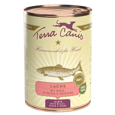 Terra Canis Hausmannskost für Hunde, Lachs mit hirse, pfirsich & kräutern. 100 % natur. Salmon with millet, peach & herbs.