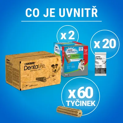 Balenie Purina Dentalife: 2 veľké krabice, 20 samostatných balení a celkovo 60 tyčiniek. Viditeľné značky a texty na obaloch.