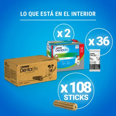 Contenido: 2 cajas Purina Dentalife, 36 sobres individuales y 108 sticks. Texto visible: 'LO QUE ESTÁ EN EL INTERIOR', 'x2', 'x36', 'x108 STICKS'.