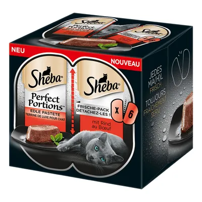 Sheba Perfect Portions beef pâté, 6-pack. Fresh-serve packs shown with serving suggestion and product features in multiple languages.