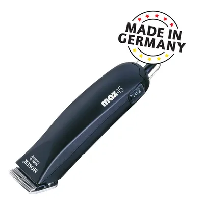 Tondeuse MOSER max45, texte visible : Made in Germany, interrupteur marche/arrêt, lames métalliques. Marquage sur la tondeuse : MOSER Made in Germany et max45.