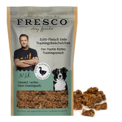 FRESCO dog foods. Echt-Fleisch утиные тренировочные косточки, Der Martin Rütter тренировочный снек, 100% монопротеин из утки. Без красителей, ароматизаторов и консервантов.