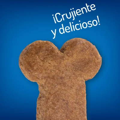 Texto visible: ¡Crujiente y delicioso! sobre una galleta en forma de hueso para mascotas.
