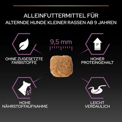 Caractéristiques visibles : croquette 9,5 mm, sans colorants ajoutés, haute teneur en protéines, absorption élevée des nutriments, facile à digérer. Texte en allemand.