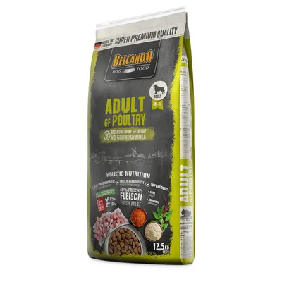 Belcando Dog Food Adult GF Poultry, recette sans céréales, 40 % viande fraîche, superfoods, sac de 12,5 kg. Texte en anglais et allemand visible sur l'emballage.