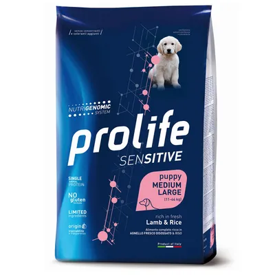 Prolife Sensitive Puppy Medium Large (11-44kg), proteína animal única, sin gluten, ingredientes limitados, rico en cordero fresco y arroz. Producto de Italia.