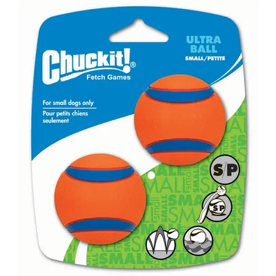Chuckit! Ultra Ball Small/Petite, oranžový s modrými pruhy. Vhodné pro malé psy. Obsahuje dvě míčky. Fetch Games série.