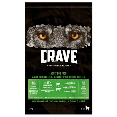 CRAVE Adult Dog Food, satisfy their nature, high protein, min. 60 % animal sources, with fresh beef, grain free, with lamb and beef, 11,5 kg. Tekst på engelsk, tysk og fransk.