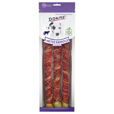 Dokas 1 Meter Kaurolle mit Ente, Hundekauartikel in Verpackung. Hinweis auf nachhaltige Rohstoffbeschaffung sichtbar.