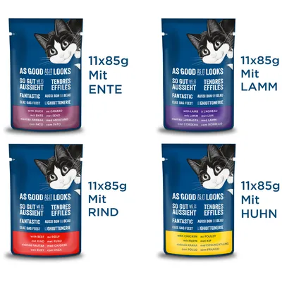 Katzenfutter As Good As It Looks, 11x85g Beutel in den Sorten Ente, Lamm, Rind und Huhn. Verpackung mit Katzenmotiv.