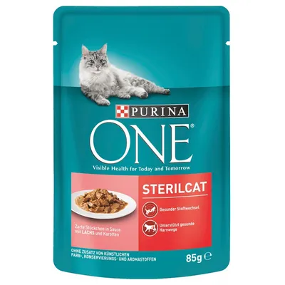 Purina ONE STERILCAT, 85g. Ορατή γάτα, εικόνα τροφής σε σάλτσα με σολομό και καρότα. Εμφανές κείμενο: Gesunder Stoffwechsel, Unterstützt gesunde Harnwege.
