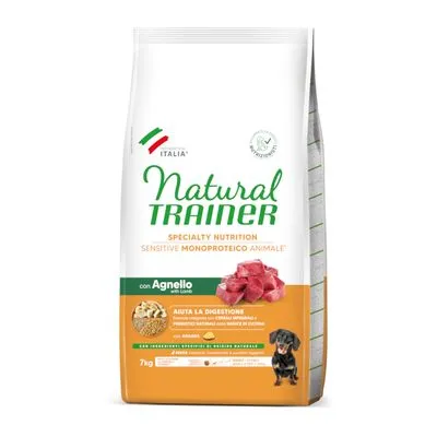 Zak Natural Trainer hondenvoer, Specialty Nutrition Sensitive Monoproteico Animale, met lam (Agnello), 7 kg. Afbeelding van brokken, stukjes vlees en een kleine hond op de verpakking.