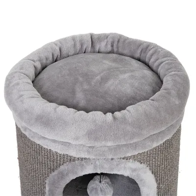 Grey plush-topped cylindrical pet furniture with a soft padded surface and an opening below, suitable for resting or hiding.