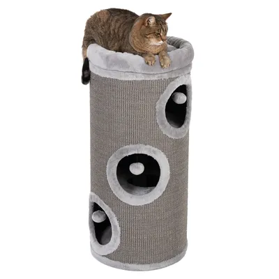Cat tower with three circular openings, hanging plush balls inside, and a cat lying on the cushioned top platform, showing product use and play features.