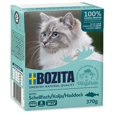 Bozita Swedish Natural Quality, chunks in jelly with haddock/kolja, 370g. 100% animal protein, grain free, beta-glucan. Feeding table for cat weight visible.
