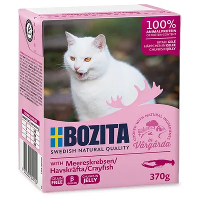 Bozita Katzenfutter mit Meereskrebsen, 370g. 100% tierisches Protein, getreidefrei, Häppchen in Gelee. Hergestellt mit natürlichen Zutaten in Vårgårda, Schweden.