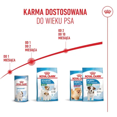 Royal Canin zalecenia żywieniowe według wieku psa: Babydog Milk do 1 miesiąca, Starter 1-2 miesiące, Puppy 2-10 miesięcy. Widoczne zdjęcia produktów i informacje o wieku.