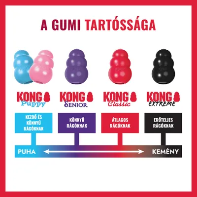 A KONG gumi keménységének összehasonlítása: Puppy, Senior, Classic és Extreme a puhától a keményig, magyar szövegekkel a rágási szokásokról.