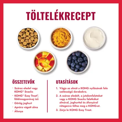 Receptútmutató hozzávalókkal: szárazeledel vagy KONG Snacks, KONG Easy Treat mogyoróvaj, görög joghurt, kockára vágott alma, áfonya. Lépésről lépésre töltési útmutató.