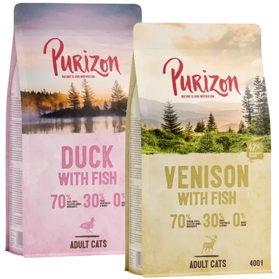 Purizon Duck with Fish y Purizon Venison with Fish para gatos adultos. 70 % ingredientes animales, 30 % frutas y verduras, 0 % cereales. Bolsa de 400 g visible.