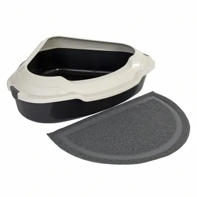 Eck-Katzentoilette mit abnehmbarem Rand in Weiss und Schwarz, inklusive halbrunder grauer Matte.