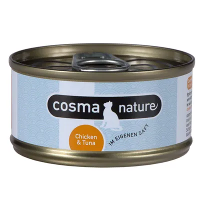 Cosma Nature kissanruokapurkki, Chicken & Tuna, metallipurkki. Etiketissä teksti 'IM EIGENEN SAFT'.