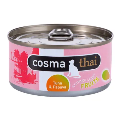 Konzerva cosma thai, nápisy Tuna & Papaya, EXOTISCH LEICHT FRUITS, růžová etiketa s obrázkem kočky a palem.