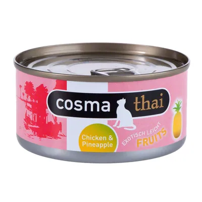 Konzerva cosma thai, nápisy Chicken & Pineapple, EXOTISCH LEICHT FRUITS, obrázek ananasu na růžovém obalu.