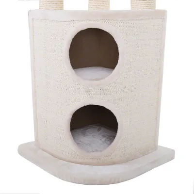 Rascador beige para gatos con dos cuevas circulares superpuestas y base acolchada, estructura de tela y sisal visible.