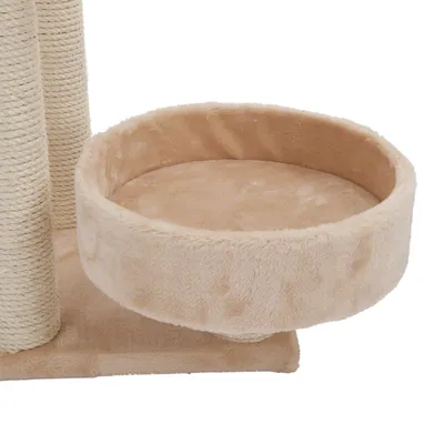 Plateforme ronde en peluche beige fixée à un arbre à chat avec poteau recouvert de corde sisal, vue rapprochée du panier et de la base.