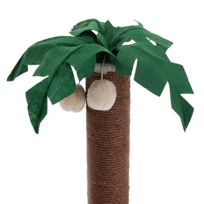 Krabpaal in palmboomvorm met sisalstam, groene bladeren van stof en twee hangende pluche ballen aan elastiek zichtbaar bovenaan.