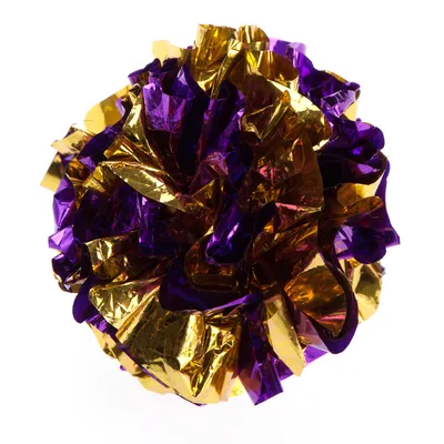 Leksaksboll av glänsande, skrynkligt material i guld och lila.